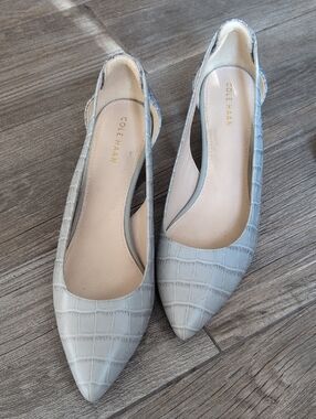 Cole Haan Light Blue Croc-Embossed Pointed Toe Slingback Flats